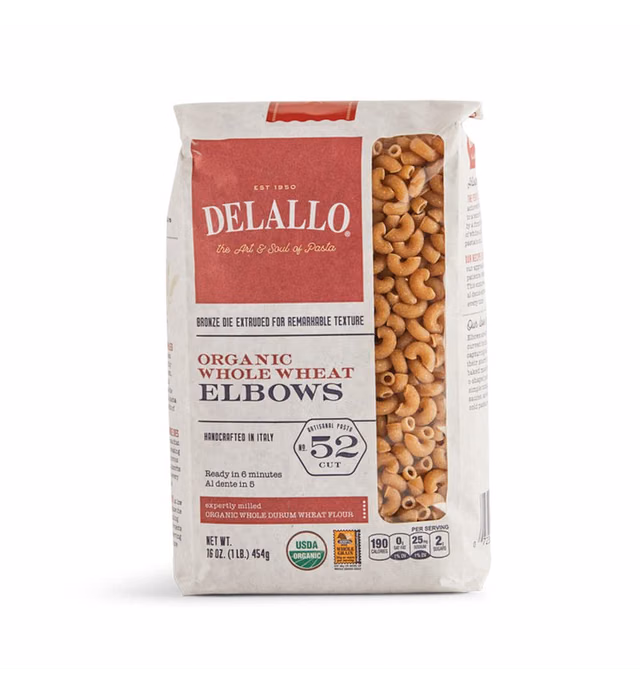 DeLallo Organic Whole Wheat Elbow Macaroni, 1lb Package, 8-Pack