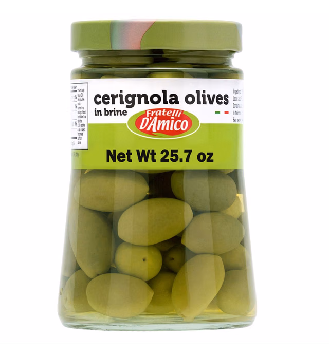Cerignola Olives, Green Olives In Brine, Green Sicilian Olive, Non-pitted, Family-size Net Weight 25.7 oz (730) g, NON-GMO, Olives from Italy, by Fratelli D'Amico.