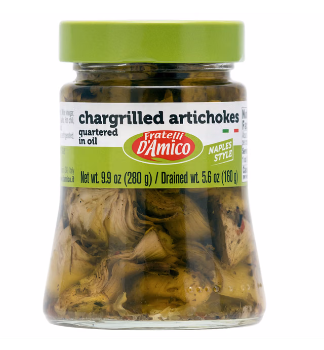 Chargrilled Artichokes, Quartered in Oil, Grilled, Naples Style, 9.9oz (280g) NON-GMO, Fratelli D'Amico. Product of Italy