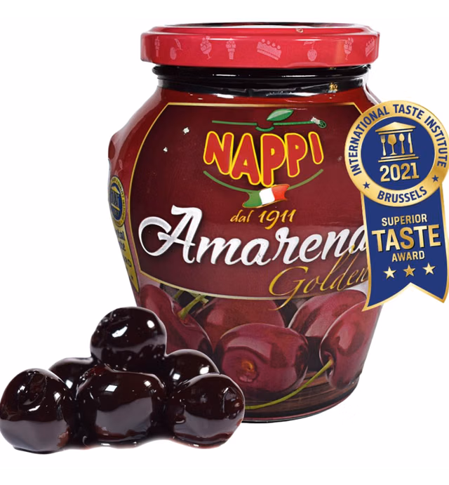 Nappi 1911, Amarena Cherries in Syrup, 16.23 oz (460 g), Cocktail Cherries, Black Italian Cherry for Premium Cocktails and Desserts, Superior Taste Award Winning 2022, Amarena Golden