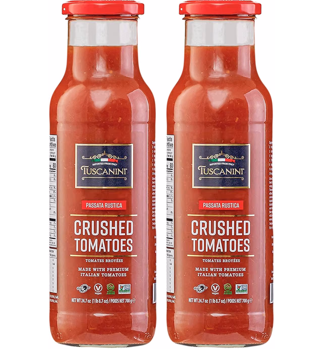 Tuscanini Premium Italian Crushed Tomatoes 24.7oz (2 Pack) Passata Rustica, Vegan, Nothing Artificial, Imported From Italy, Premium Glass Bottle