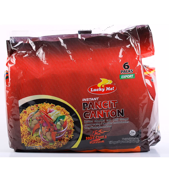 Lucky Me! Instant Pancit Canton Hot Chili Flavor (Instant Chow Mien Hot Chili Flavor) - 2.12oz/60g (Pack of 12)