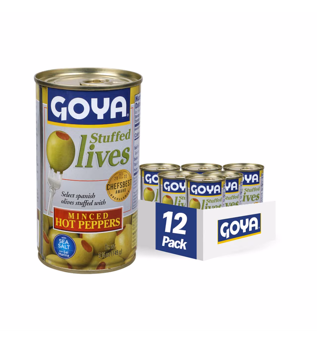 Goya Foods Manzanilla Olives Stuffed with Hot Peppers, 5.25 Ounce (Pack of 12), Golden