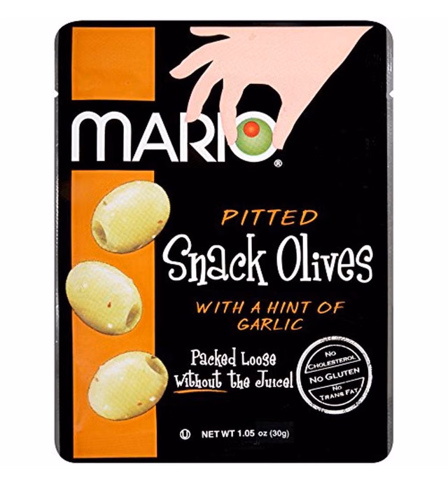 Mario Camacho Foods Green Pitted Snack Olive 3-Pouch Tripack, Garlic, 3.15 Ounce (Pack of 4)