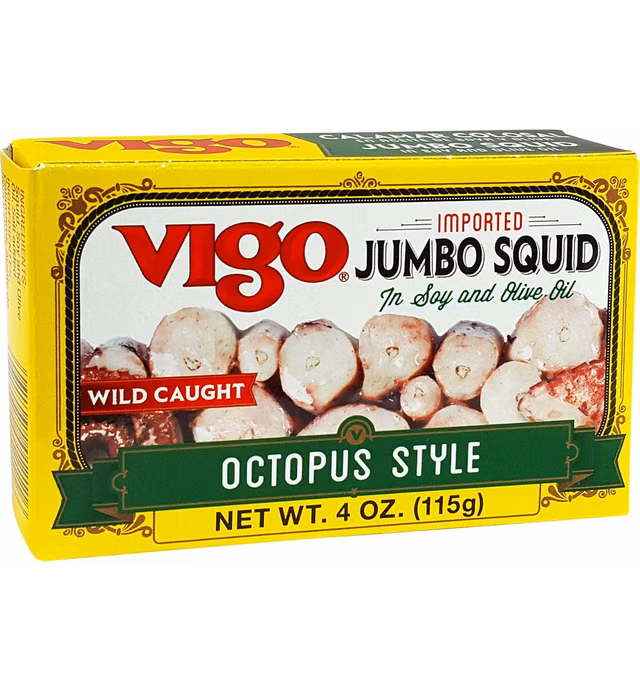 Jumbo Squid In Oil, Wild Caught (Pack of 6), 4 oz Tins - Vigo