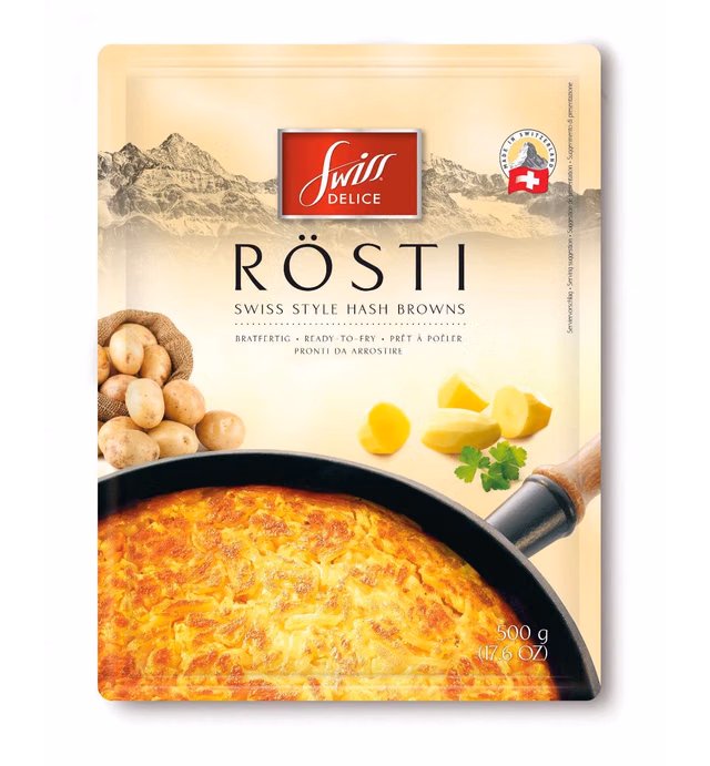 Swiss Delice Rosti – Swiss-style hash brown potatoes, ready-to-fry potatoes in a bag, shredded potato patty - 17.6 oz/500g (Multipack of 10)