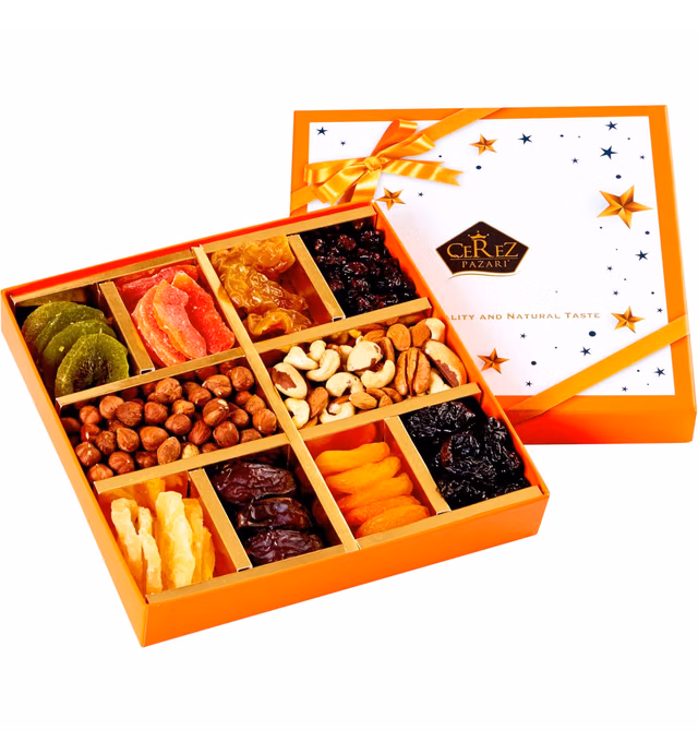 Cerez Pazari Mothers Day Gifts Dried Fruit and Nuts Gift Basket Orange Elegant Box 1.43Lbs 10 Variety Holiday Healthy Snack Holiday Gift Box