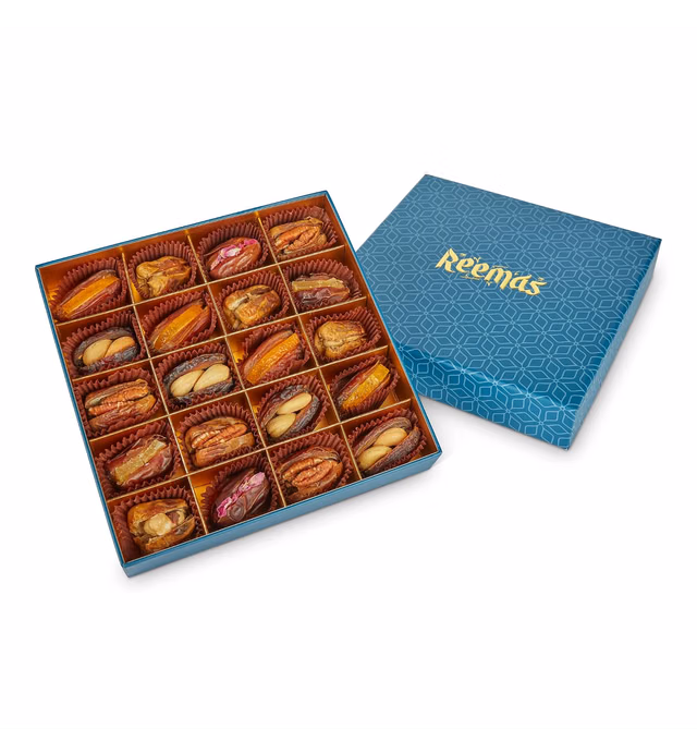 REEMAS GOURMET Dates Stuffed Dried Fruit & Nuts (Hazelnut Pecan Cashew Orange Ginger Rose) 20 Pcs- All Natural Celebration Gift Box- Healthy Sweet- Vegan Premium Medjool Mabroom