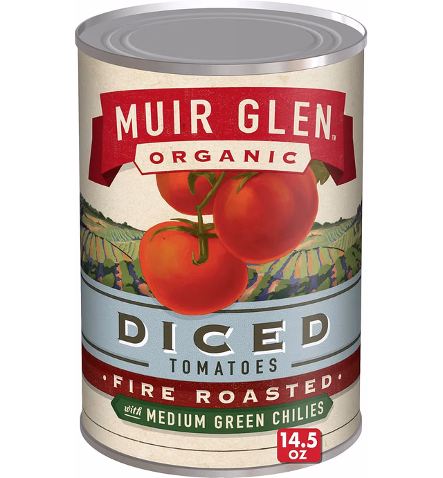 Muir Glen Organic Diced Fire Roasted Canned Tomatoes, with Medium Green Chilies, 14.5 oz.