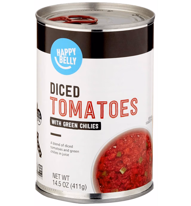 Amazon Brand - Happy Belly Diced Tomatoes with Green Chilies, 14.5 Ounce