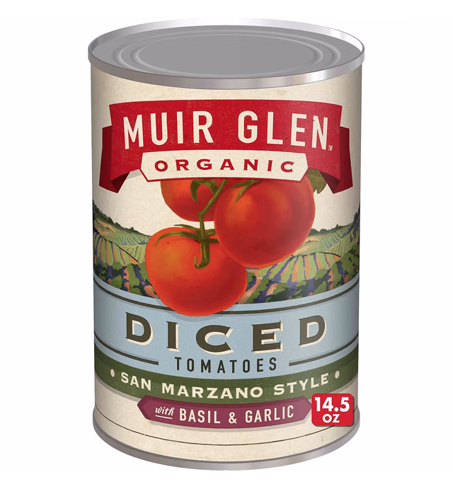 Muir Glen Organic Diced San Marzano Style Canned Tomatoes with Basil and Garlic, 14.5 oz. (Pack of 12)