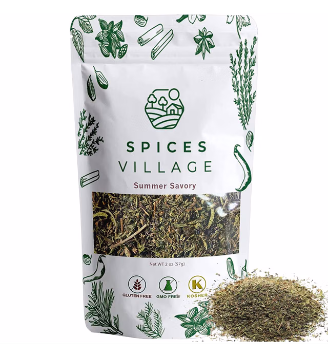 SPICES VILLAGE Summer Savory Spice [ 2 oz ] – Natural Dried Summer Savory Leaves for Cooking and Herbal Tea, Pure Mediterranean Seasoning - Kosher, Gluten Free, Vegan, Non GMO, Resealable Bulk Bag