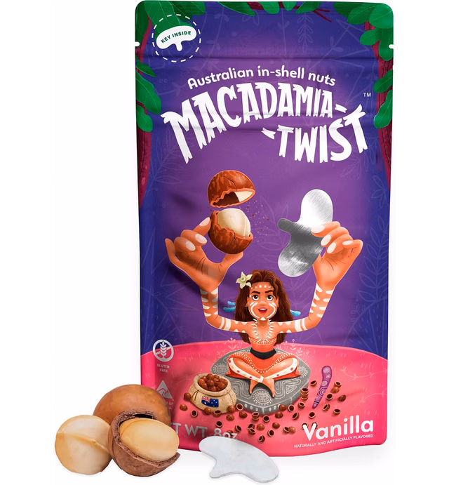 Macadamia Twist Premium Australian Macadamia Nuts in Shell, Dry Roasted, Vanilla Flavored, with Key Device Inside to Open Shells, 8 Oz