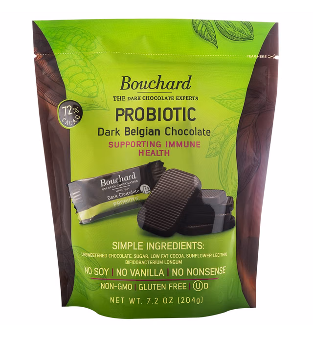 Bouchard Probiotic Dark Belgian Chocolate (72% Cacao) | Individually Wrapped in Resealable Bag | No Soy, No Vanilla, No Nonsense | Non-GMO, Gluten Free, OU-D Kosher