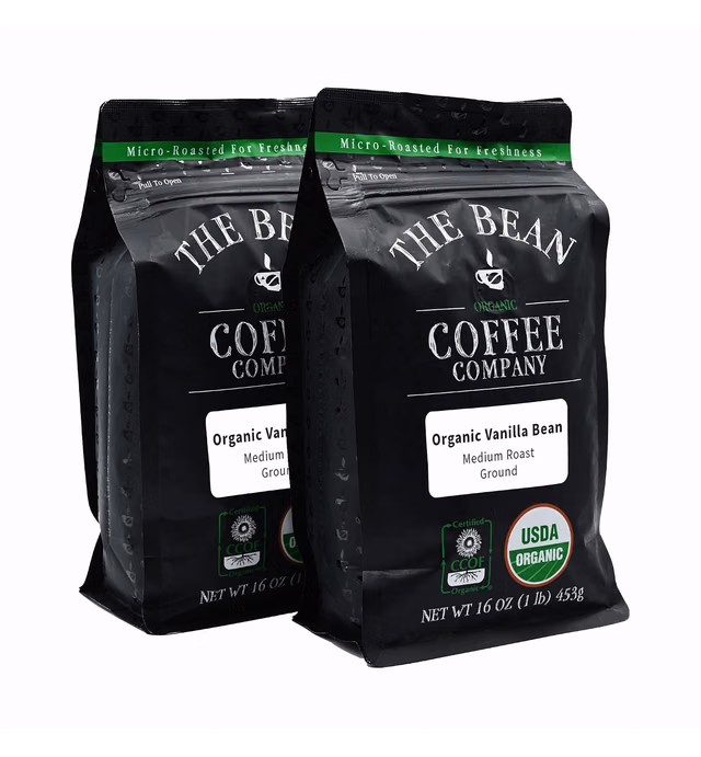 The Bean Coffee Company, Organic Vanilla Bean, Medium Roast, Ground, 16 Oz, 2 Pack, Certified Organic, Roasted in the USA