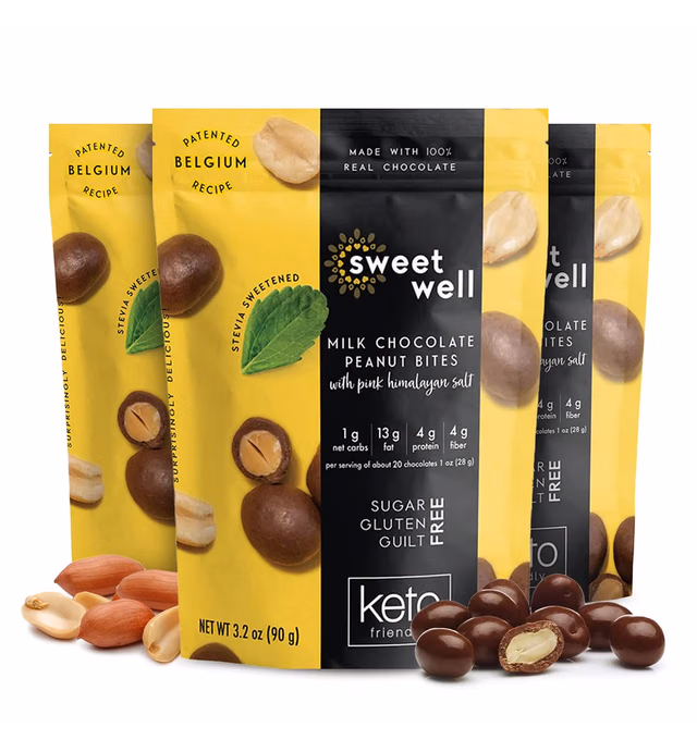 Milk Chocolate Peanut Bites, Low Carb Keto Snack, Gluten-Free Keto Chocolate with Plant Based Stevia Sweetener and Pink Himalayan Salt, 3.2 oz Each, Pack of 3 - Sweetwell
