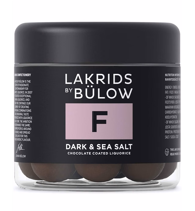 LAKRIDS BY BÜLOW - F - Dark & Sea Salt - 4.41 OZ - Chocolate Coated Licorice Balls - Original Danish Candy Sustainably Produced in Copenhagen