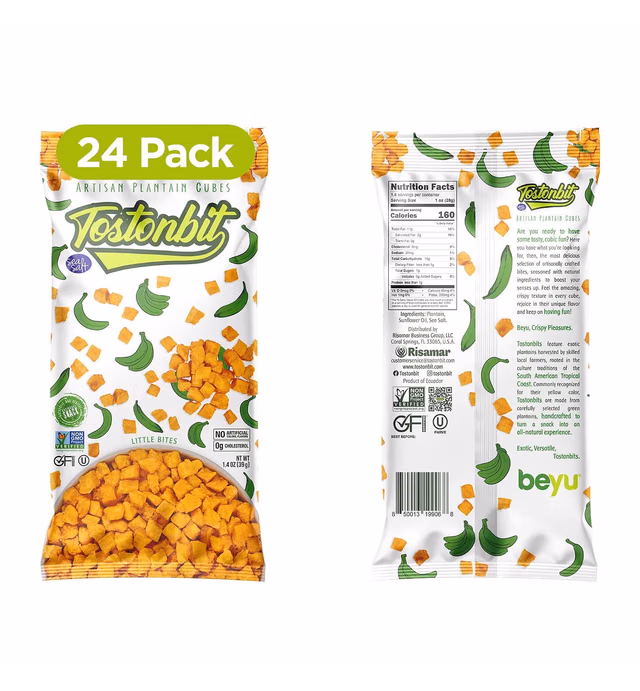 TostonBit Authentic Artisanal Plantain Cubes Snack | Salted | 1.4 Ounce (Pack of 24) | Healthy Snack Made with Sea Salt | Gluten Free | Kosher
