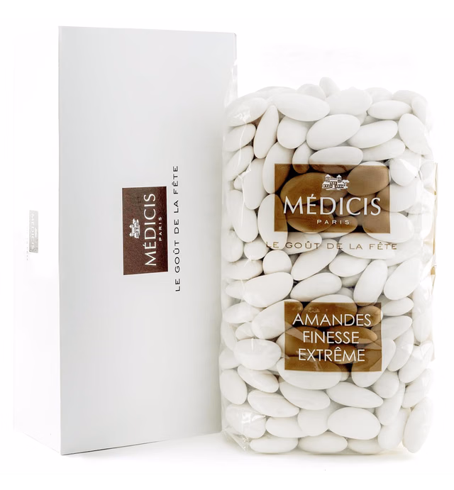 Medicis Premium Candied Almond Dragees (French Jordan Almonds) Sugar Coated Candies Ideal as a Party Favor for Weddings and Baby Showers 330 count bag 2.2lbs (White)