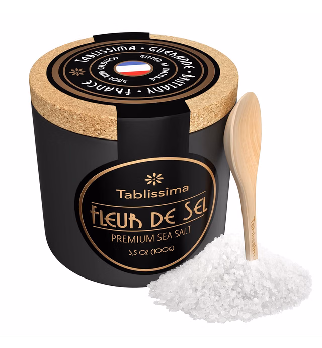 Fleur de Sel - Premium Sea salt from Guerande France - Flaky Sea Salt from the Celtic Sea - Salt Cork box and Wooden salt spoon included - 3.5 Oz (100g)