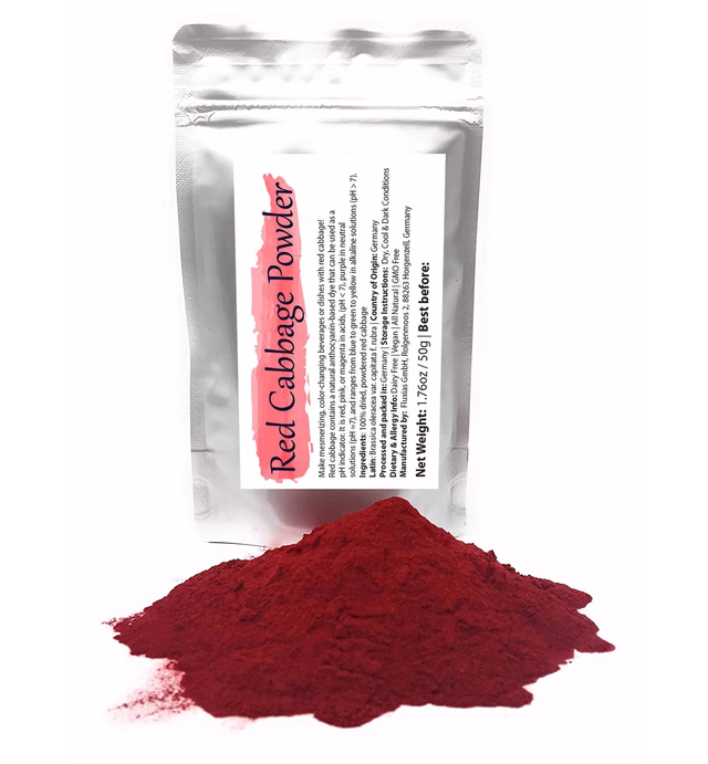Red Cabbage Powder | Water Soluble Food Dye | Net weight: 1.76oz/50g - Amazing in the Kitchen or for Cocktails! Makes Color-changing Beverages and Dishes in Red Or Magenta, Pink, Purple, Blue