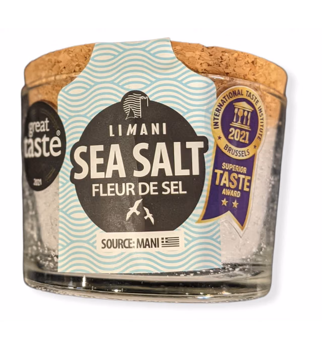 Limani Sea Salt, All Natural Greek Fleur de Sel in a Cork Capped Glass jar, 130g (4.55oz), Hand harvested from Mani (Messinia)