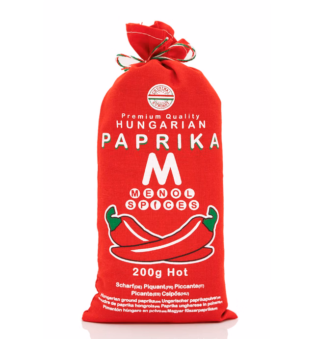Menol Spices Authentic Hungarian Hot Paprika Powder (Hot, 7oz / 200g) Very Spicy Gourmet Quality, Produced in region of Szeged, Hungary, Incredible Flavor, Freshly ground