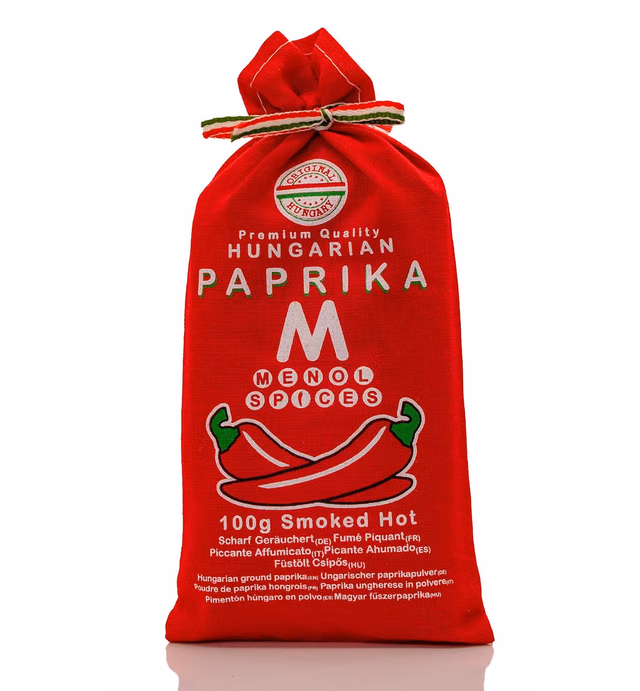 Menol Spices Authentic Hungarian Smoked Paprika Powder (Smoked Hot, 3.5oz / 100g) Gourmet Quality, Produced in region of Szeged, Hungary, Incredible Flavor, Freshly ground