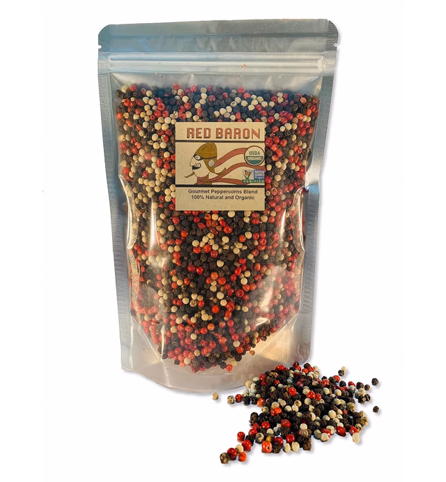 Red Baron Gourmet Peppercorn Blend for grinder, Organic, 100% Natural, Paleo, keto and vegan friendly, Non GMO, no artificial color 10 oz, Rainbow Blend Peppercorn Whole Black peppercorn, pink peppercorn -red peppercorn- and White peppercorn for refill pepper grinder