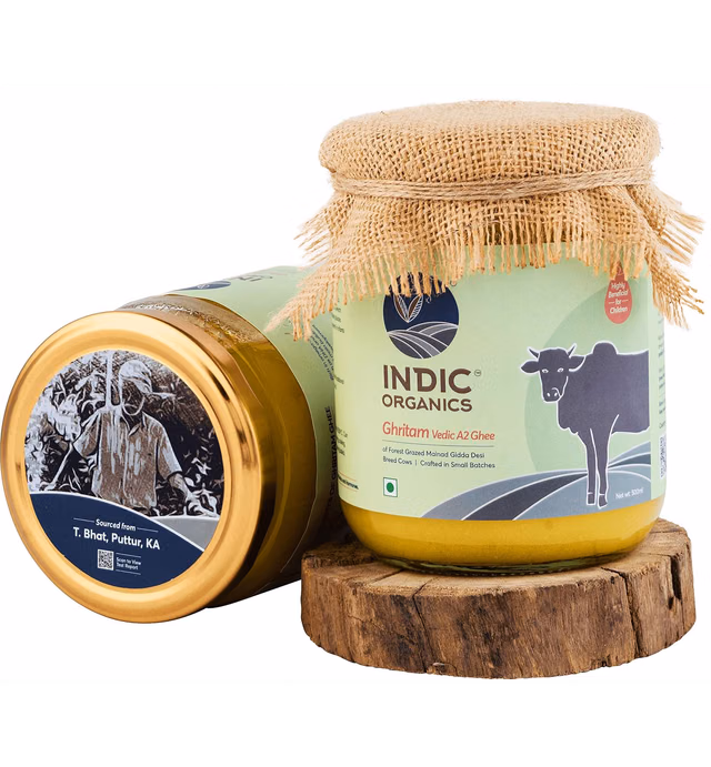 Indic Organics Forest Grazing Malnad Gidda Desi Cow's A2 Ghee | Free Forest Grazing Cow's A2 Curd Churned Bilona Desi Ghee | Indian Origin | Naturally Balanced Omega 3:6:9 Ratio, 16.9 Fl Oz