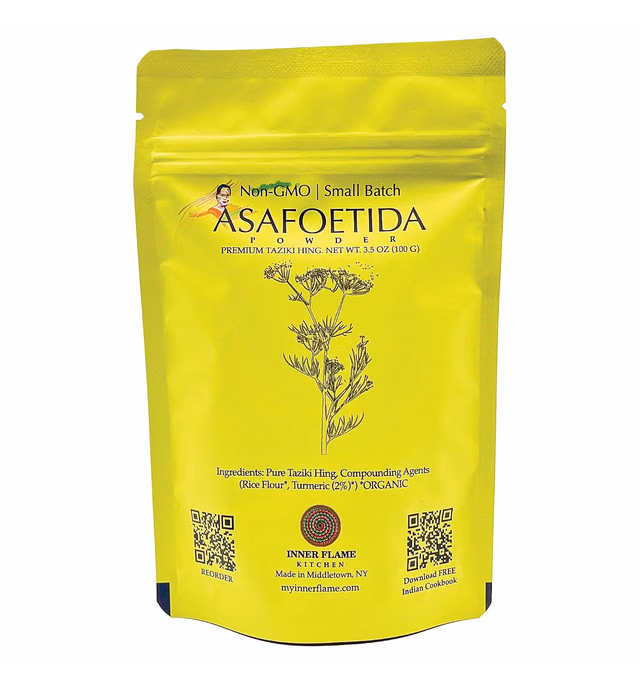 Inner Flame Asafoetida Hing Powder Premium Asafetida | 100 gms (20 x Strong Taziki Hing, Asafoetida Powder) for Hing Lovers. 3.5 OZ 100% Natural, Gluten-Free & Non-GMO, Low FODMAP, Garlic and Onions Substitute, Indian Spices