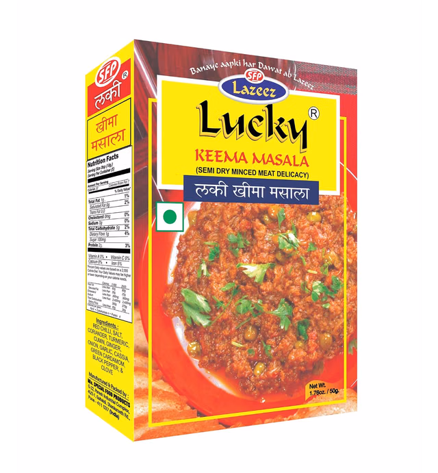 Lucky Keema Masala, 50g (Pack of 5), Recipe and Spice Mix Powder for Delicious Minced Meat (Goat, Lamb, or Chicken), Low Sodium, No Preservatives, No MSG