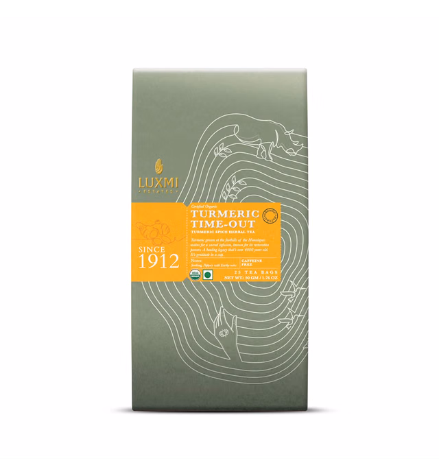 Luxmi Estates Turmeric Time-Out Herbal Tea 25 Tea Bags (50g) Pack | Certified USDA Organic Herbal Tea | With Organic Turmeric, Ginger, Cardamom, Black Pepper | Supports A Healthy Response To Inflammation (25 Cups)