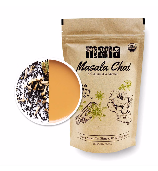 Organic Masala Chai Tea by Mana Organics – Made with Whole Spices: Cinnamon, Cardamom, Cloves, Pepper, Staranise & Ginger blended with Black Tea