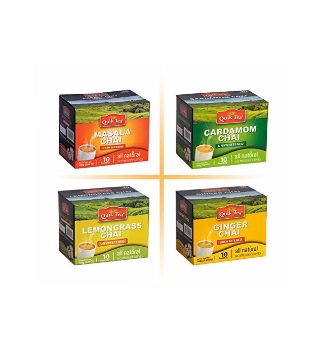 QuikTea 4 Flavors Unsweetened Variety Pack, Cardamom/Masala/Ginger/Lemongrass, 40 Oz