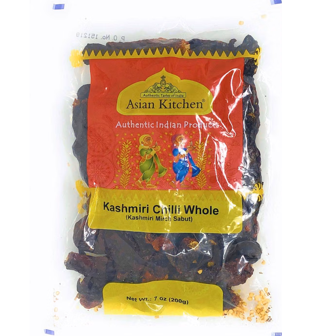 Asian Kitchen Kashmiri Chilli Whole Stemless, Low Heat Indian Chilli 7oz (200g) ~ All Natural | Vegan | Gluten Friendly | NON-GMO | Indian Origin