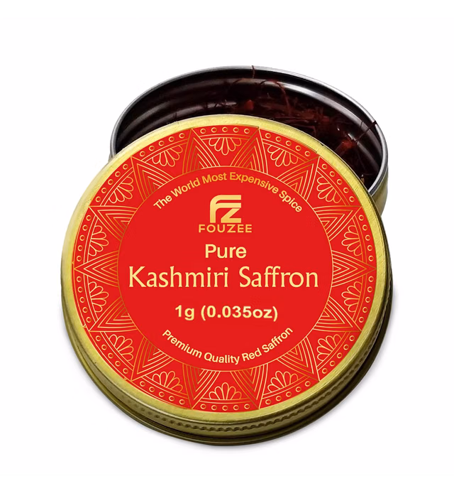 Pure Kashmiri Saffron Threads, Finest Dark Red Saffron Spice for Cooking Paella Rice, Persian Rice, and Making Tea or Golden Milk, Saffron Pack of 1, 1 Gram - Fouzee