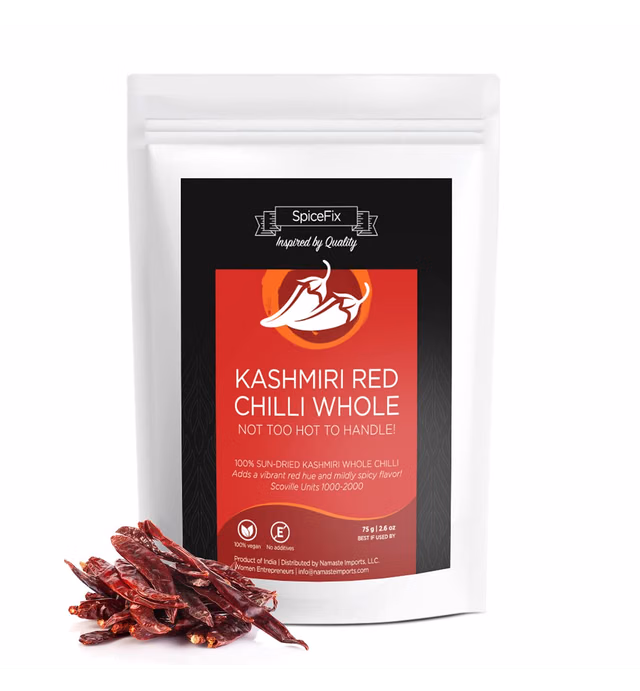 SpiceFix - Whole Kashmiri Red Chilli Pepper, Mild to Medium Heat Natural Stemless Chillies, Sun-Dried Red Pepper, Indian Dried Chili Peppers in a Resealable Bag, 2.6 Ounces