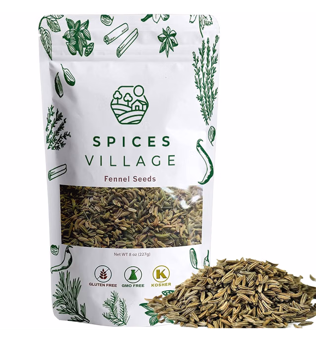 SPICES VILLAGE [ 8 oz ] Fennel Seeds, Whole Spices for Cooking, Fresh Dried Fennel Seed, Great for Tea, High in Dietary, Medicinal Herb - Kosher, Vegan, Gluten Free, Non GMO, Resealable Bulk Bag