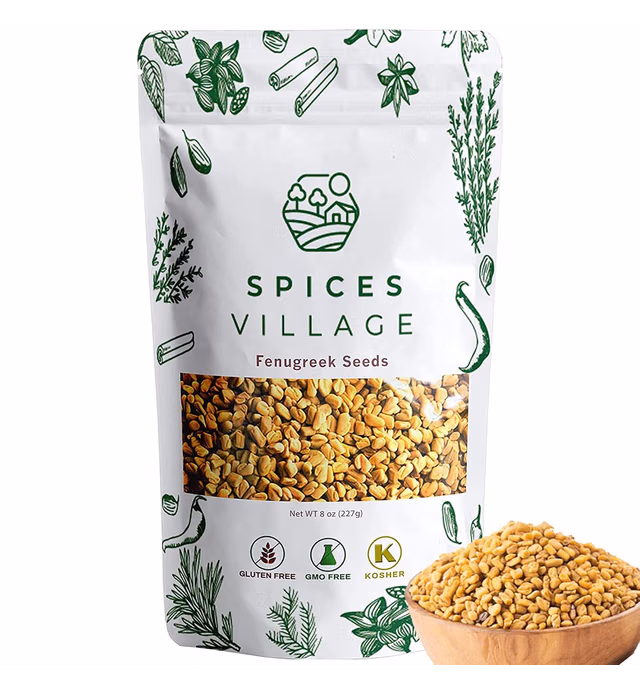 SPICES VILLAGE Fenugreek Seeds [8 oz] - Fenugreek Seeds for Hair Growth, All Natural Dried Indian Methi Seed for Cooking - Kosher Certified, Gluten Free, Resealable Bulk Bag