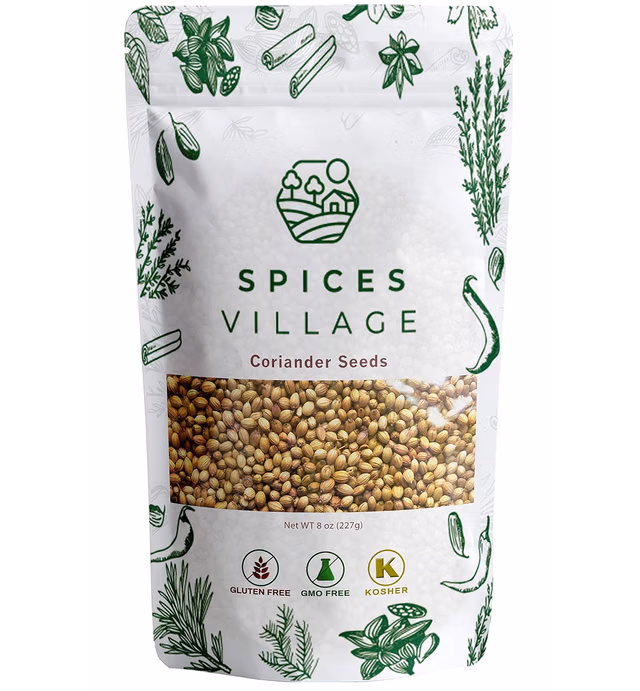SPICES VILLAGE Whole Coriander Seeds (8 oz), All Natural, Dried Indian Spice for Cooking, Pickling and BBQ, Kosher, Gluten Free, Non GMO, KETO Friendly, Resealable Bulk Bag [Package may Vary]