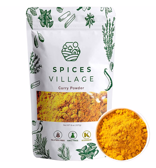 SPICES VILLAGE Yellow Indian Curry Powder [8oz] - Spicy Curry Blend Seasoning for Cooking, Natural Medium Madras Curry Mix, Kosher, Gluten Free, Non GMO, Salt Free, Resealable Bulk Bag [Pack may Vary]