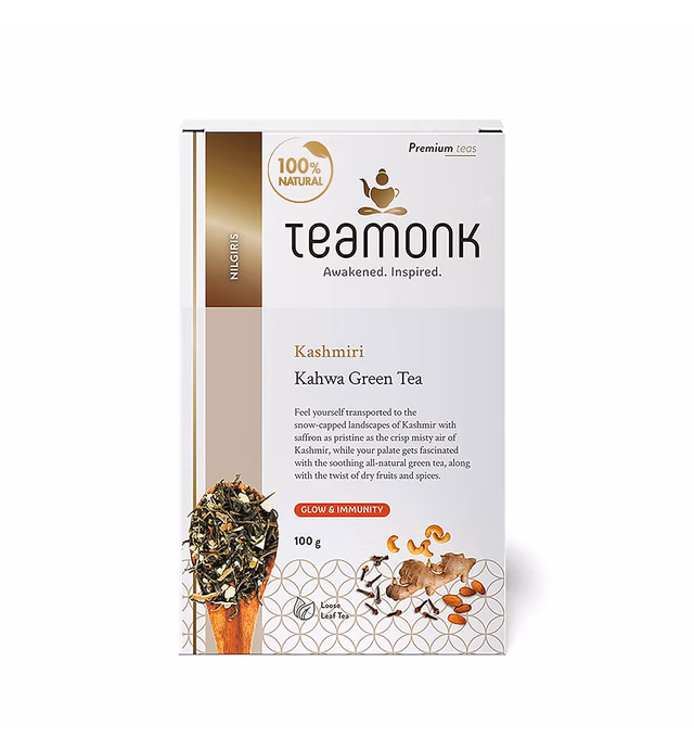 Teamonk Premium High Mountain Kashmiri Kahwa Green Loose Leaf Tea (50 Cups) | 100% Natural Kashmiri Kahwa Tea | Green Tea with Saffron, Ginger, Cardamom, Clove, Dry Fruits | Kahwa Tea leaves for Glowing Skin| Immunity Boosting Tea | No Additives - 3.5 oz