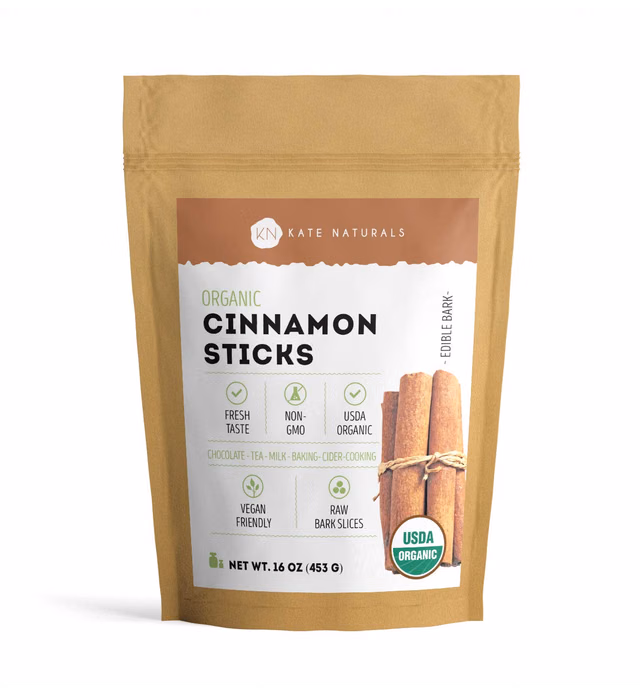 Organic Cinnamon Sticks - Kate Naturals. Perfect for Baking, Beverages and Cooking. 2 3/4" length. Raw from Indonesia. Resealable Bag. 1-Year Guarantee. (100 Sticks.)