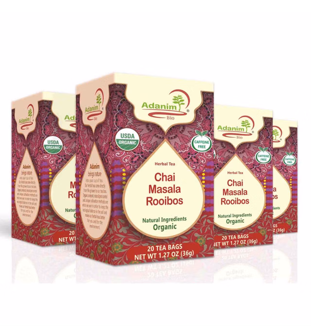 ADANIM BIO Rooibos & Masala CHAI Tea Bags - Organic Indian Tea Style with Bombay Herbal Spice Blend (Pack of 4, 80 Total) Spiced with India chai Mix, Herbal chai Tea, Non-GMO