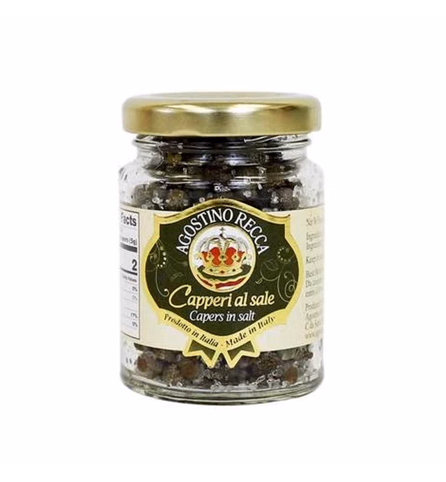 Agostino Recca Capers in Sea Salt - Pickled Capers Best for Sauces, Meats, & Garnishes (2.2 oz)