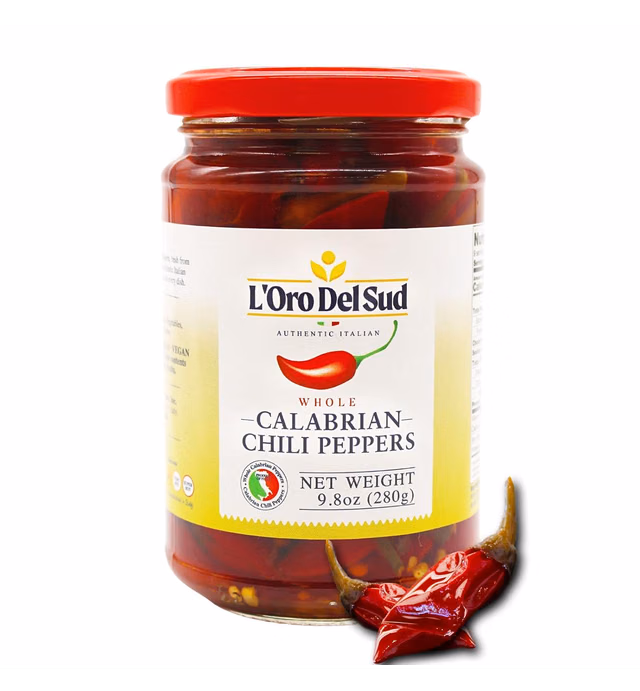 Calabrian Chili Peppers, Whole, In Oil, 9.8 oz (280 g), Grown and Packed in Calabria Italy, Authentic Italian, Spicy and Savory Taste, L'Oro Del Sud