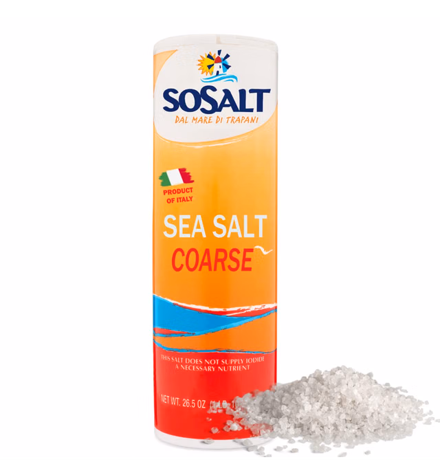 Coarse, Natural Sea Salt, Shaker 750 gr (26.5 oz) SoSalt, Sicilian Sea Salt, Mediterranean Sea Salt, Kosher Sea Salt, Cooking, Grilling, Asado, Parilla, Steak, Trapani, Mediterranean, Sicily, Italy.