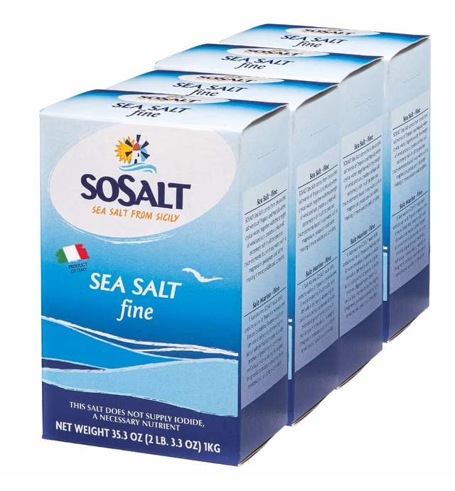 Fine Natural Sea Salt, 4 pack x 1 kg (35.3 oz), SoSalt, Sicilian Sea Salt, Mediterranean Salt, Sicily, Italy.