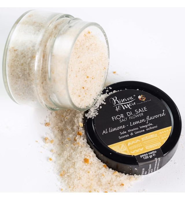 Lemon Sea Salt Flower | Fleur de Sel, Fior di Sale, Flaky Artisanal Raw Sea Salt from Trapani, Sicily, Italy, with Natural Dried Sicilian Lemon Peel | (120gr) 4.2 oz